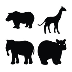 Diverse wild animal black silhouettes, vector graphics set