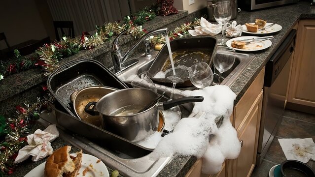 Overflowing kitchen sink filled with dirty dishes, pots, and pans after a festive holiday celebration, messy scene.