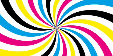 CMYK abstract spiral background. Swirl illustration of four cmyk colours. Cyan, magenta, yellow and black. Colorful bright pattern. vector illustration