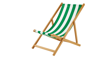 Classic wooden deck chair with green stripes adds vibrant outdoor relaxation.