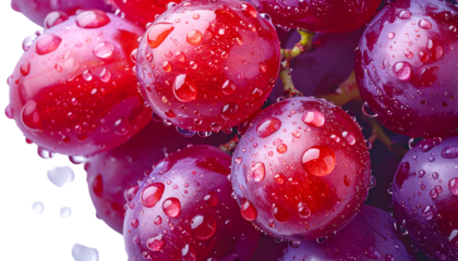 Close-up of ripe, red grapes with water droplets, highlighting texture and freshness