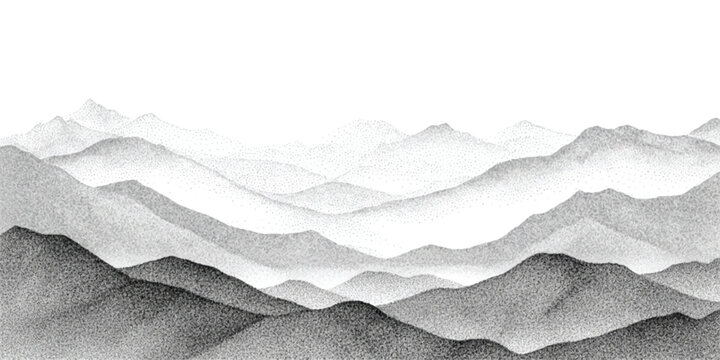 Stippled ink wash style mountain landscape with fading layers, minimalist artwork