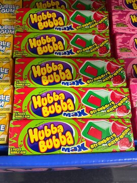Grocery store Hubba Bubba bubble gum display at checkout