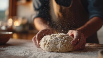 Person's hands kneading dough on a wooden table. the person is wearing a blue apron and is using their hands to shape the dough into a ball.
