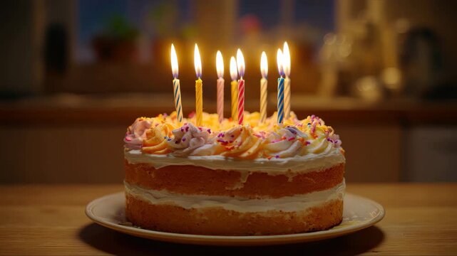 Celebration with a delicious birthday cake topped with lighted candles, ready for a joyful gathering to mark a special occasion filled with love and happiness