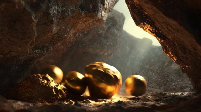 Discovering a massive gold nugget hidden deep within a mysterious cave illuminated by soft rays of light