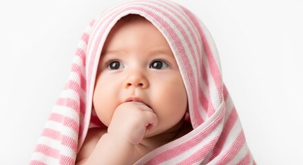 Baby Peeking from Pink Towel &mdash; Close-Up Infant Portrait on White Background