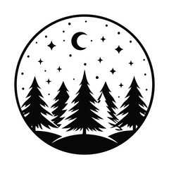 Fototapeta premium Silhouette trees stand under a crescent moon and twinkling stars in the night