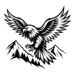Fototapeta premium Powerful eagle soars above mountain peaks with its wings spread wide in black and white