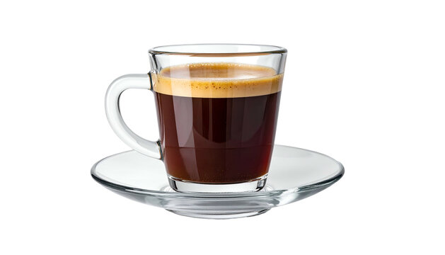 A glass cup of espresso, with crema, on a saucer. Clear view. Black background