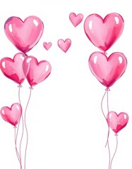 Playful watercolor illustration of pink heart balloons floating on white background with cute dots and free space for text.