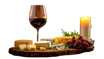 Still life of red wine, various cheeses, grapes, rosemary, and a candle