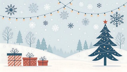 Christmas scene with gifts, tree, snowflakes, and lights in a winter wonderland landscape art