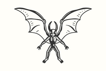 Sketch reveals a monster character with wings and horns standing straight on an off white backdrop