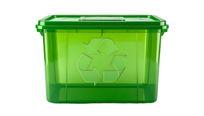 Transparent green plastic recycling bin with lid and large recycle symbol
