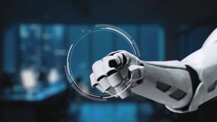 A futuristic robotic arm enhances productivity in a modern business setting, featuring digital elements that symbolize growth, efficiency, and innovation in the workplace. Synapse