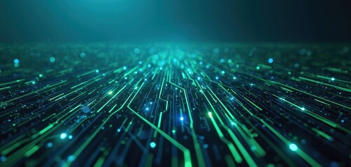 Abstract digital background featuring glowing green, blue circuit lines converging towards distant horizon. Futuristic texture evokes technological advancement, data flow. Ideal for tech, innovation