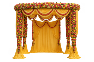 Indian wedding mandap decorated with yellow fabric, red and yellow flowers, and traditional garlands on transparent background
