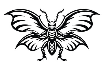 Intricate monochrome moth illustration reveals a whimsical yet striking character with patterned wings and smile