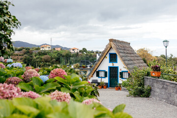 Charming thatched-roof cottage surrounded by vibrant flowers and greenery, nestled in a picturesque landscape with distant hills and cloudy sky, evoking a serene countryside atmosphere