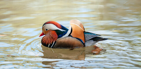 Colorful mandarin duck swimming gracefully in tranquil water, showcasing vibrant plumage and intricate patterns, reflecting nature's beauty and serenity in a peaceful environment