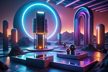 Futuristic neon city landscape with glowing architectural structures and mountains