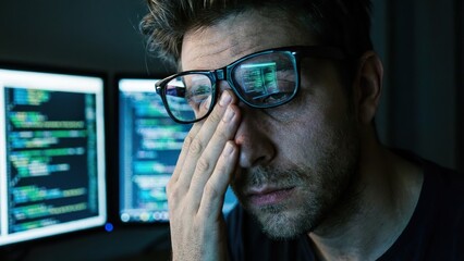 Tired programmer rubbing eyes in front of multiple glowing computer screens displaying code late at night.