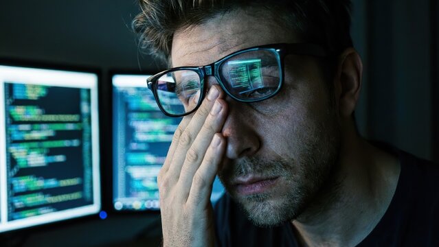 Tired programmer rubbing eyes in front of multiple glowing computer screens displaying code late at night.