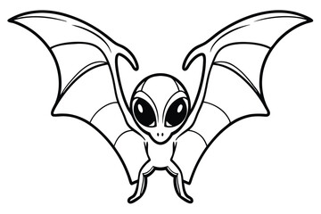 Cartoon alien creature spreads large bat wings in a monochrome outline style to fly