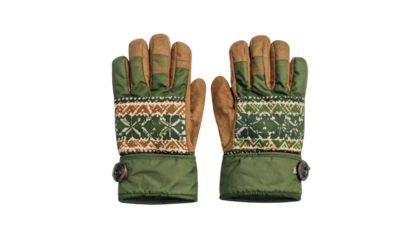 Pair of gloves featuring green and tan panels with decorative knitted cuffs, dark background
