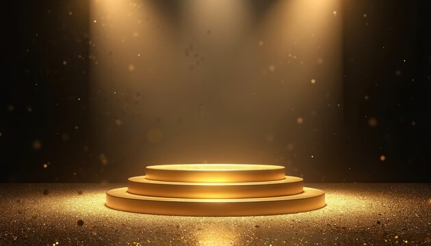 Golden award podium with glowing light. Empty 3d stage on glitter floor. Luxury product presentation. Glamour design for beauty industry. Winner ceremony platform.