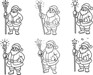 Cute Santa Claus Coloring Page Set – Jolly Santa with Magic Staff Black and White Illustration Bundle