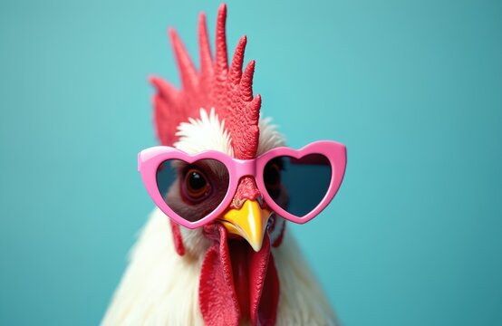Rooster portrait on blue background. Bird wears pink heart shaped sunglasses. Funny animal with bright red comb. Chicken looks fashionable and cute. Poultry poses in stylish summer eyewear.