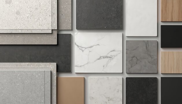 Collection of material samples including marble terrazzo concrete wood and solid colors. These swatches help architects and designers choose finishes for interior decor projects.