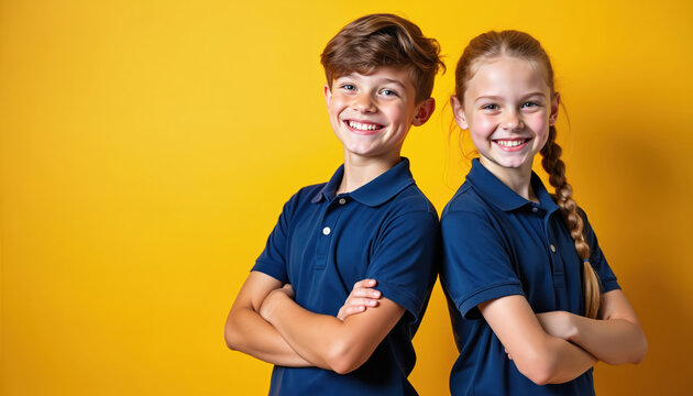 Happy boy, girl stand together. Wear blue polo shirts, school uniform. Children smile confident on yellow background, arms crossed. Young students ready for new school year, education. Portrait shows