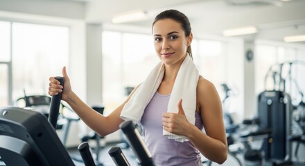 Fototapeta premium Happy Woman Working Out on Cardio Machine Giving Thumbs Up