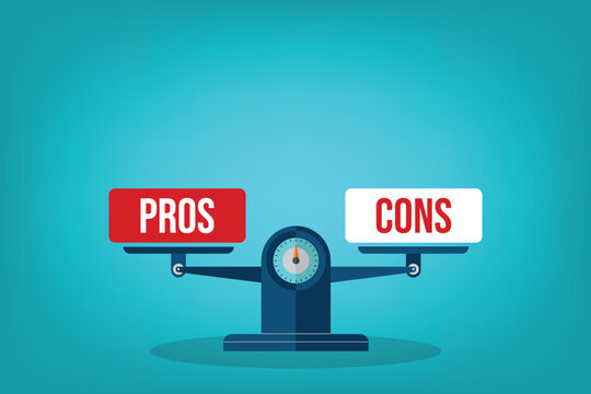 Pros and cons. The words pros and cons balanced on a seesaw. Comparing positive advantages or negative disadvantages. Vector illustration 	