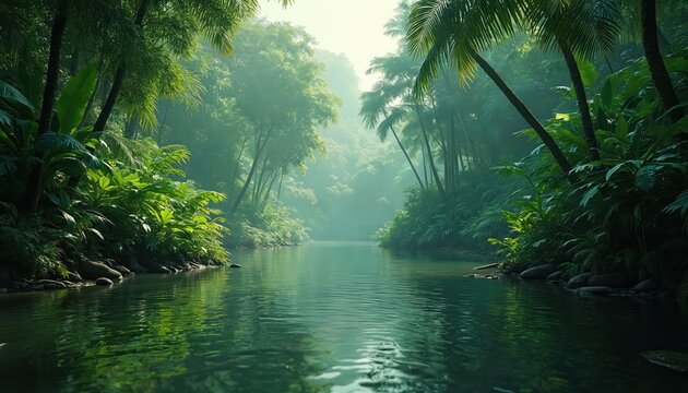 Amazon rainforest river scenery photo. Rich green jungle trees grow along calm water stream. Tropical forest view with reflection. Nature landscape for travel or ecology. - Powered by Adobe