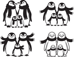 Cute Winter Penguin Family Coloring Page Set &ndash; Parent and Baby Penguins Wearing Scarves Illustration Bundle