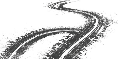 Fototapeta premium Winding tire tracks texture on clean white surface, abstract grunge element