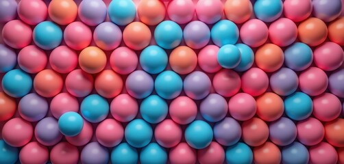 Colorful background of many round balls in pastel colors. Pink, blue, orange, purple spheres create vibrant pattern. Fun abstract texture for kids party creative design projects. Cheerful arrangement