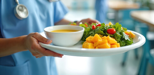 Healthcare worker in blue uniform brings tray with soup salad and fruit to patient. Hospital dining service offers healthy meal for wellness recovery. Nutrition care supports healing.