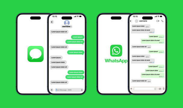 Imessage Whatsapp chat bubble interface showing chat messages username display logo reactions media options and detailed communication layout vector illustration