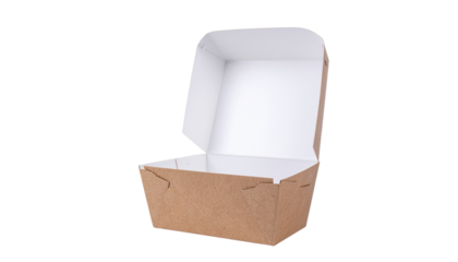 Open brown cardboard container with a white interior and hinged lid shown on a clean seamless backdrop pure white background cutout