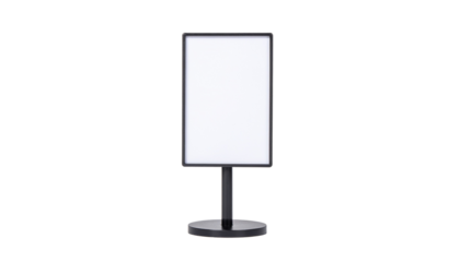 Black metal sign holder with a blank white rectangular display area on a round base, centered on a white background cutout on alpha channel