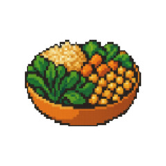 Healthy food salad vegetable bowl with boiled egg, tomato, lettuce, and carrot. Pixel bit retro game styled vector illustration