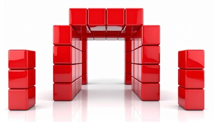 Glossy red rectangular blocks arranged in symmetrical archway structure with side stacks on white background.