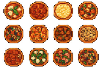 A collection of pizza with pixel art style retro game. no shadows. On a plain white background.