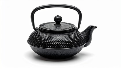 Black cast iron teapot with textured surface, curved spout, upright handle, and knobbed lid on white background.