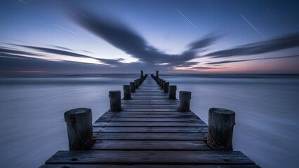 Long exposure photograph of an old wooden pier extending into the ocean under a dramatic twilight sky with visible stars and blurred water motion